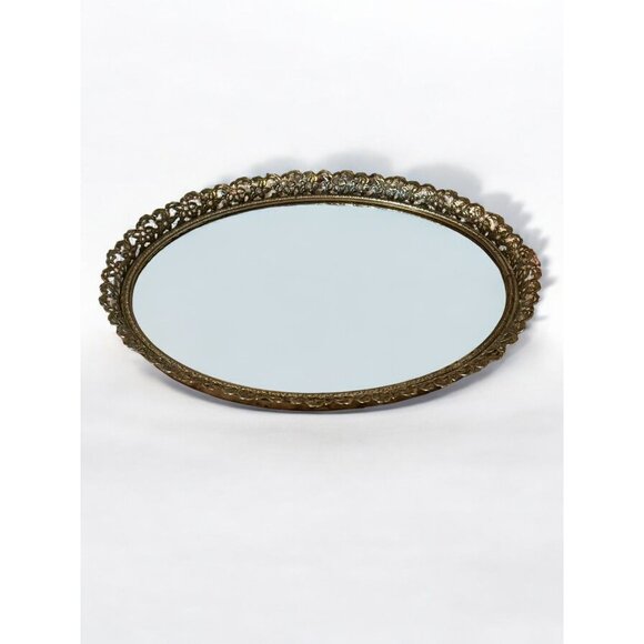 Vintage Ornate Brass & Glass Oval Vanity Tray or Wall Mirror - Picture 4 of 9